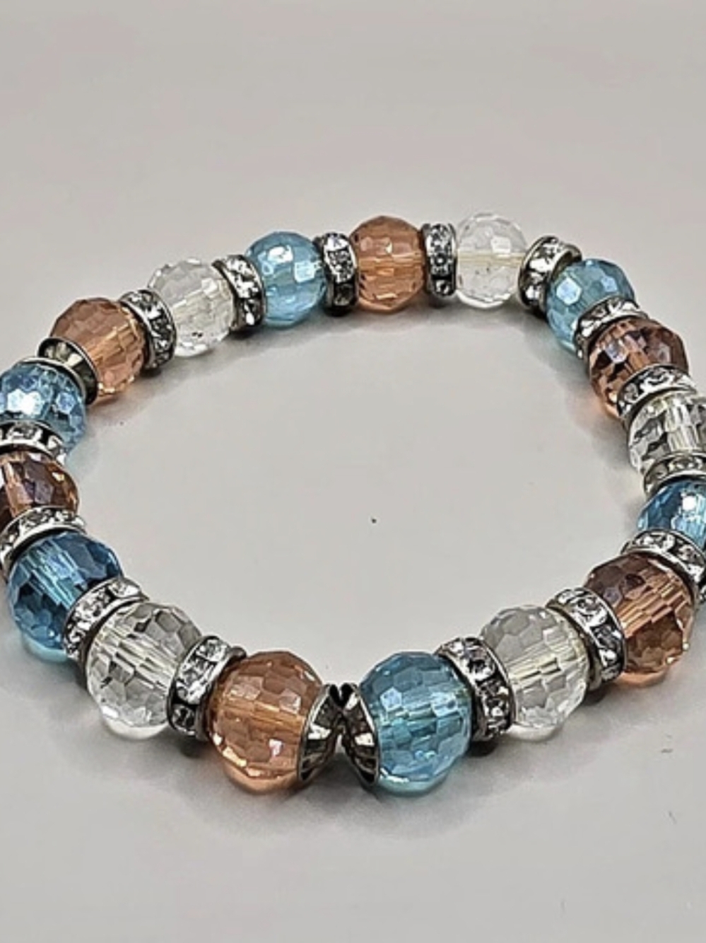 Blue Peach Clear Faceted Bead Stretch Bracelet Rhinestone Spacer Silver Tone